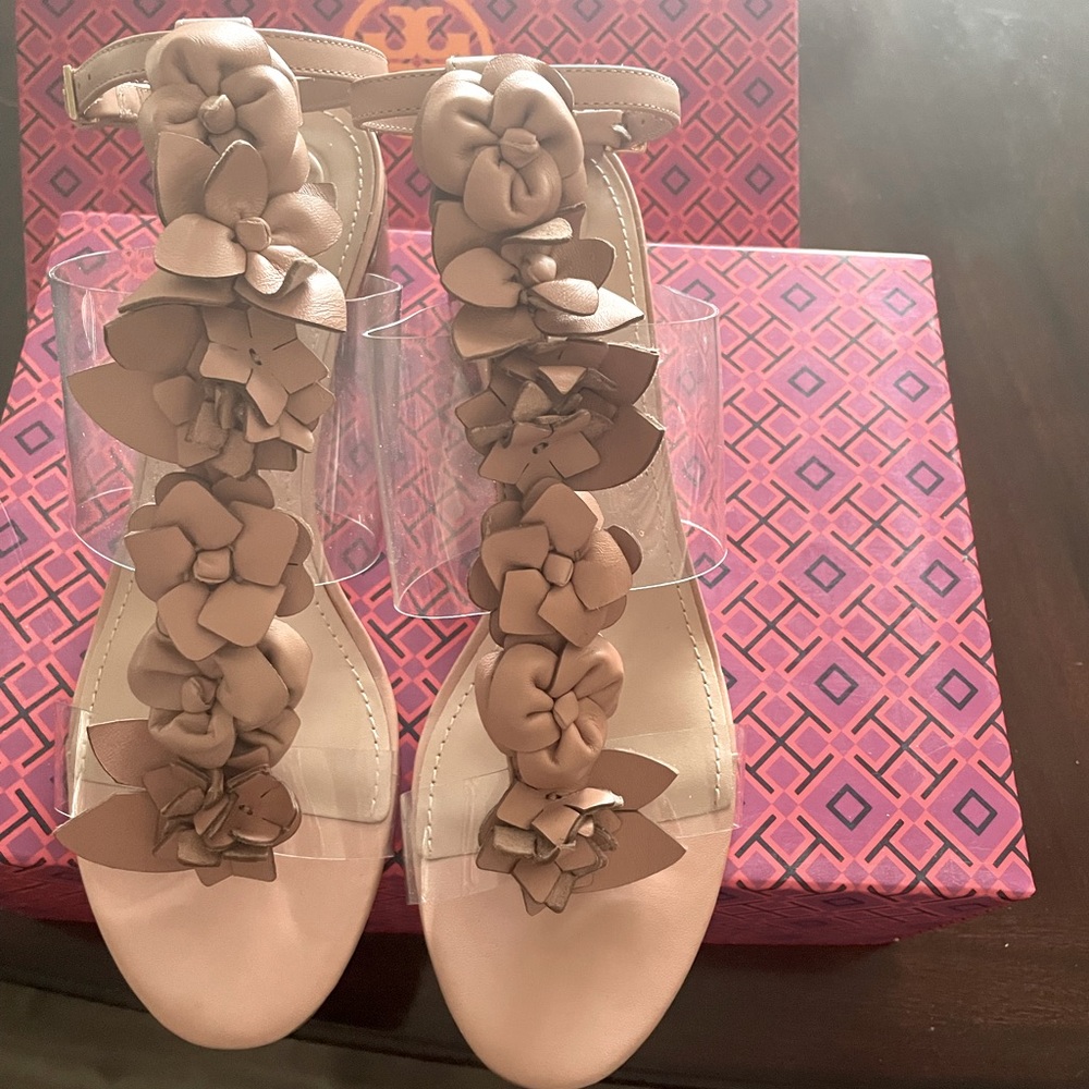 TORY BURCH sandals, dusty pink/neutral floral print.